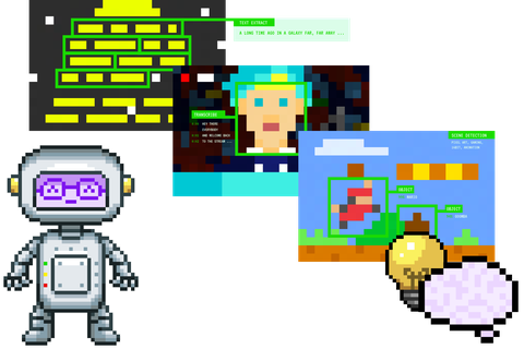 ittybit mascot robot in front of a screenshot of the intelligence screen