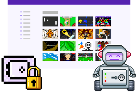ittybit mascot robot in front of a screenshot of the store screen